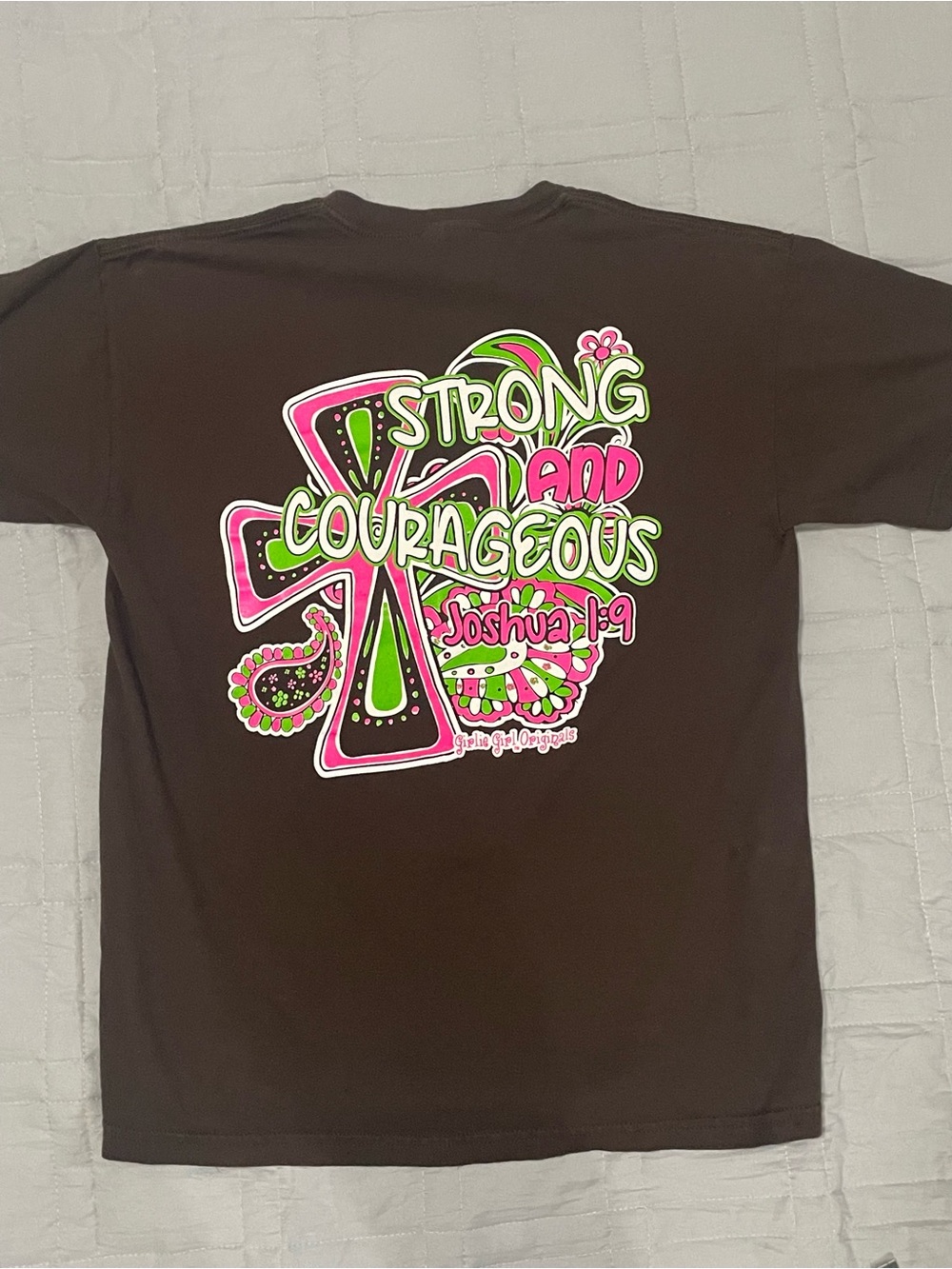 Gildan Brown Tee with Pink & Green Strong and Courageous Graphic